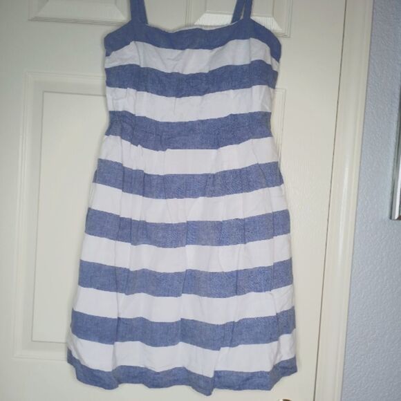 Loft 2 WhiteGrey WideStrips Straps ZipperLined Linen Waist Women's Summer Dress. - Picture 1 of 8